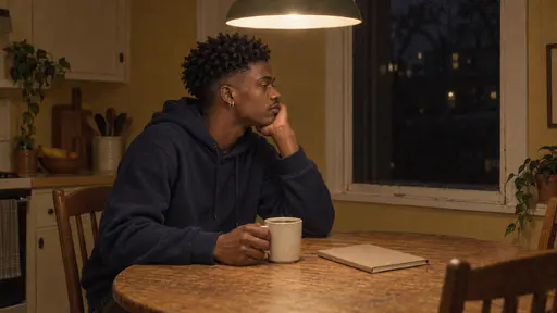 A tall young man in a navy hoodie sits alone at a round oak kitchen table late at night with a mug of tea and a closed notebook, his chin on his fist, under a single hanging lamp in a dim kitchen.