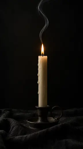 A cream taper candle with wax rings and a small steady flame, a thin ribbon of grey smoke curling up, dark iron holder, black linen, deep black background.