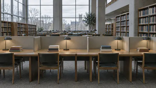 A silent study floor in a public library holds one long shared desk with plain dividers, small lamps, neat stacks of blank books and empty chairs tucked in.