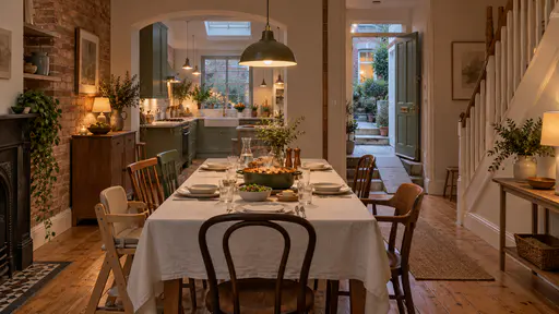 A long pine dining table set for six with a white tablecloth and a steaming casserole has chairs of three different heights including a child's booster seat and a chair with arms, with an archway to the kitchen behind.