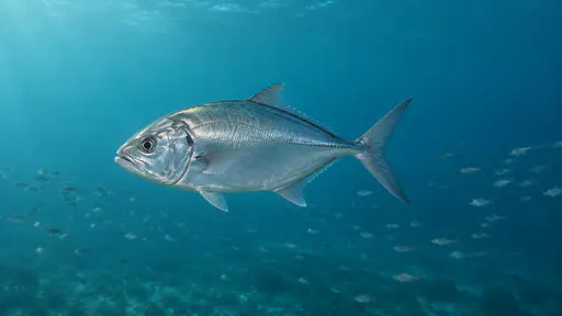 One plain silver fish swims in the near water while a distant dispersed group of small fish spreads thin far behind it in blue-green open water.