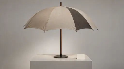 An open umbrella on a museum stand has one canopy panel replaced with deeper plain fabric stitched to the older panels, a blank label card beside the stand.