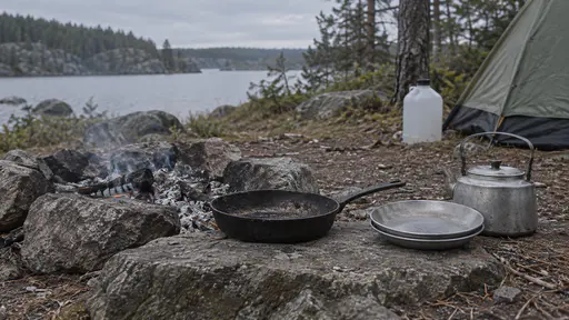 A blackened frying pan stands on a flat stone beside a dying fire ring with a stack of two tin plates, a tin kettle and a water jug with the corner of a tent behind in grey early morning light.