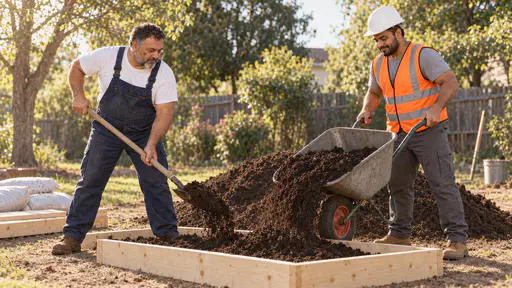 A stocky grey-bearded man in dark blue overalls shovels dark soil from a mound into a pale pine garden frame while a broad young man in a white hard hat and orange vest steadies a plain wheelbarrow beside the mound in warm light.