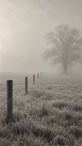 A single large tree in the right third of a flat foggy field, a fence of wooden posts and two wires from the lower left fading into the mist, frosted grass.