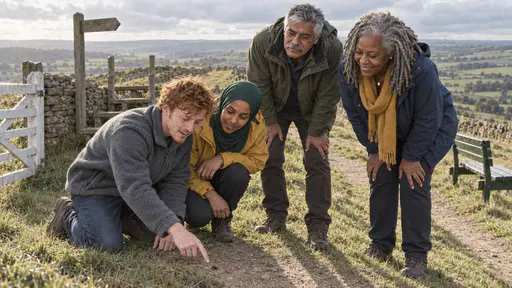 A grey-fleeced young man kneels pointing at a small black beetle at the edge of a ridge path while a woman in a hijab crouches beside him and two older walkers bend to look in low early sun.
