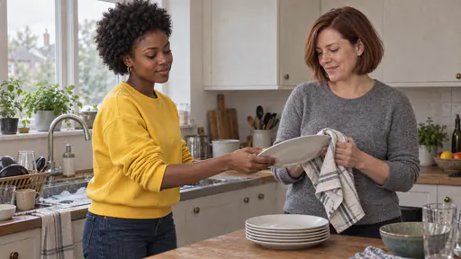 A young woman with a short natural afro in a bright yellow sweatshirt hands a freshly washed plate to a white woman with a chin-length auburn bob in a heather-grey sweater who dries it with a tea towel beside a sink with soap bubbles and a draining board in a bright kitchen after supper.
