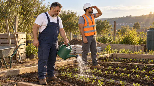 A stocky grey-bearded man in dark blue overalls waters a freshly planted pale pine raised bed with a plain green watering can while a broad young man in a white hard hat and orange vest shades his eyes with one hand looking over the rows of tiny seedlings in late-afternoon light.
