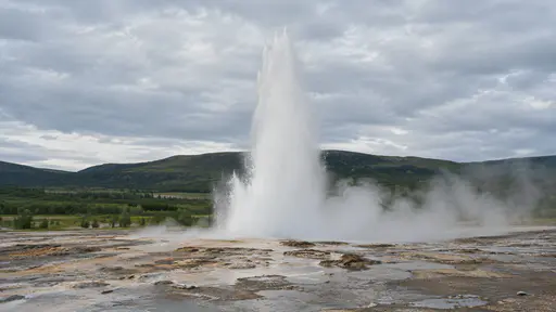 A geyser throws one tall white column of water and steam over a plain mineral-stained basin in flat afternoon light, low green hills behind.