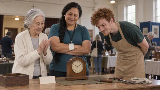 A very small elderly woman with silver-white hair claps her hands with delight while a Samoan woman with a long black braid in a teal shirt smiles with crossed arms and a slim freckled young man with copper-red hair leans in with his hands behind his back around a table watching a mended wooden clock tick again.