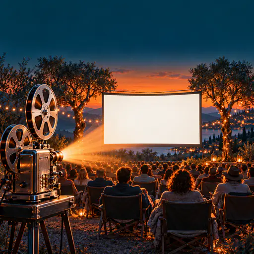 A brushed metal film projector throws a warm beam over adults seated on folding chairs seen from behind facing a blank white screen hung between two trees in an orange and teal illustration.