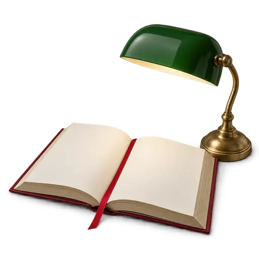 An open hardback book with blank cream pages and a red ribbon marker beside a small brass reading lamp with a green shade, on a transparent background.