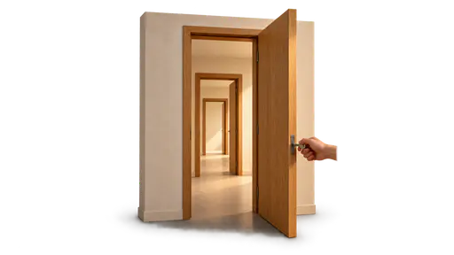 Opening doors: a hand turning a plain key in the lock of an open wooden door set in a blank plaster wall section, three smaller doorframes receding in a connected row beyond, isolated on transparency with a soft contact shadow.