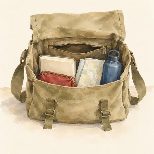 A canvas messenger bag stands with its flap and zipped pocket open showing a notebook, a pencil case, a folded map and a water bottle inside in wash and ink.