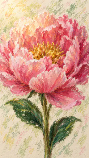 A large open pink peony with ruffled layered petals and a golden stamen centre rises above two deep green leaves in broken oil pastel scumbles.