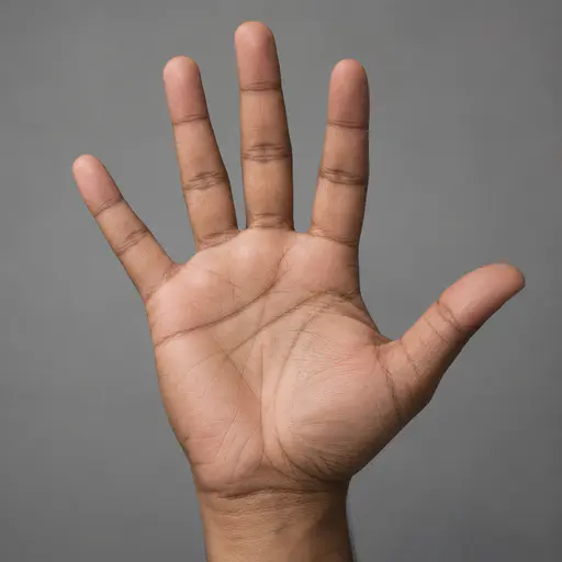 An adult right hand with medium-brown skin and short clean nails held open and relaxed, palm toward the camera with the fingers gently apart, against a smooth mid-grey seamless backdrop, the wrist cropped at the lower edge.