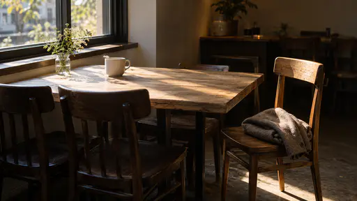 At a shared cafe table by a window one wooden chair is pulled out slightly with a folded coat laid on its seat to save it, the other chairs tucked in, in warm window light with a plain cup on the table.