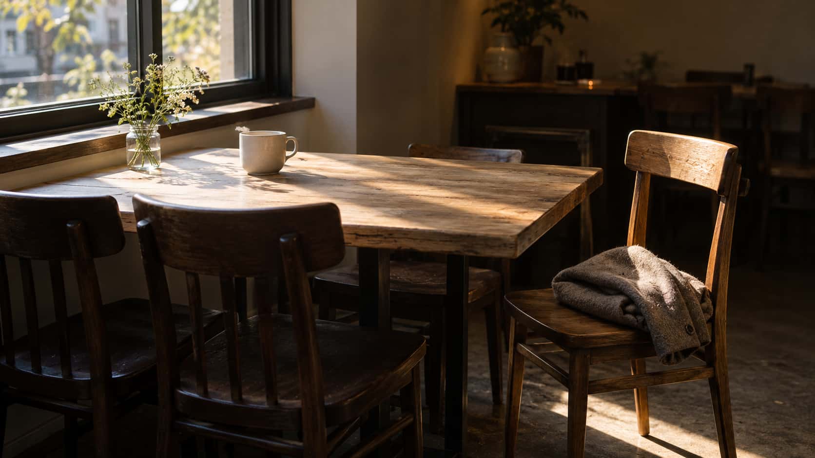 At a shared cafe table by a window one wooden chair is pulled out slightly with a folded coat laid on its seat to save it, the other chairs tucked in, in warm window light with a plain cup on the table.