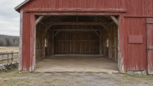 An open storage bay of a red barn shows its empty timber beams and bare floor with nothing stored inside in even light.