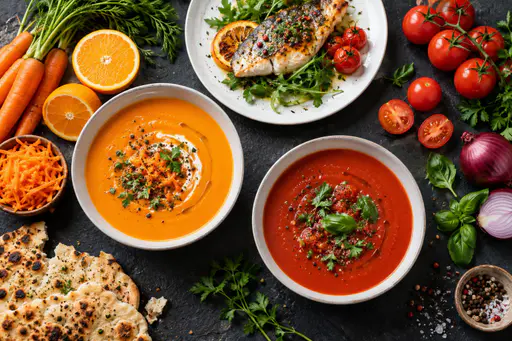 An overhead food photograph of bowls of orange and red soup, fresh produce, flatbread and plated fish on dark slate.