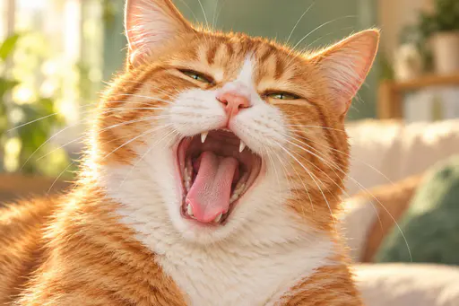 A close up of an orange and white domestic cat with its mouth wide open in a yawn showing a pink tongue and small teeth with green eyes half closed and sharp whiskers.