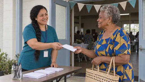 A Samoan woman with a long black braid in a teal shirt and lanyard hands a folded blank programme sheet to an older woman with short silver-grey curls and gold hoops in a cobalt-blue and mustard wax-print dress at a trestle table by a community hall door under bunting.