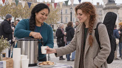 A Samoan woman with a long black braid in a teal shirt and lanyard pours tea from a large steel urn into a paper cup held out by a freckled woman with an auburn braid and a guitar case on her back at a refreshment table with biscuits under bunting in late afternoon light.