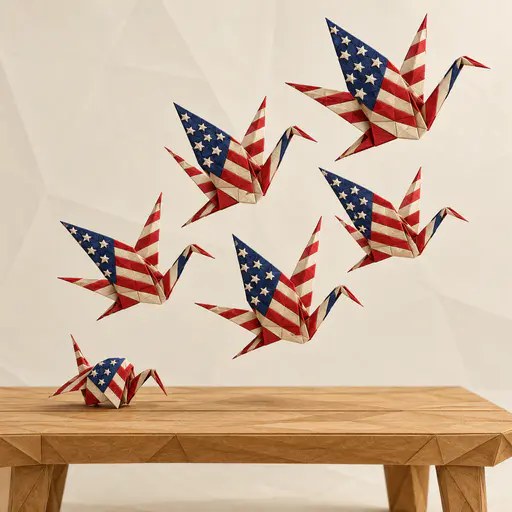 Flock of origami cranes in flag paper with cantons on wings lifting off a table. Thirteen stripes and a neat canton stand pure.