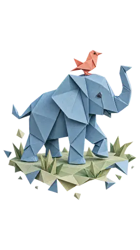 An origami paper slice of a dusty-blue folded elephant carrying a small coral paper bird on its back, its folded edge scattering loose paper shapes on transparency.