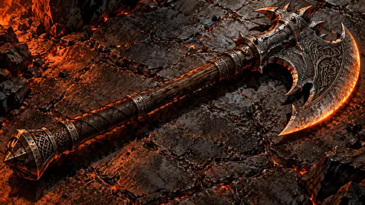 An ornate medieval fantasy battle axe with a long dark haft and a curved spiked engraved blade lies on weathered dark stone in hard raking light.
