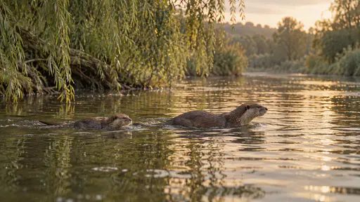 On a slow willow-lined river in low golden light a small otter pup swims beside the adult otter with its head and whiskers above the water and the adult just ahead showing it the way with golden ripples and willow branches hanging low overhead.