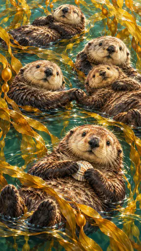 A group of sea otters floats on their backs among tall golden kelp in calm green water with one otter holding a shell on its chest.