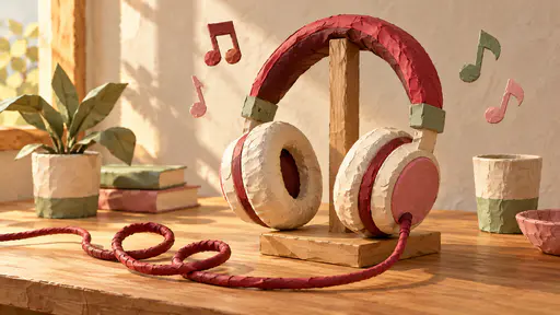 Over-ear headphones with a deep red padded headband and cream ear cups rest on a wooden stand with a looping cable in painted papier mache.