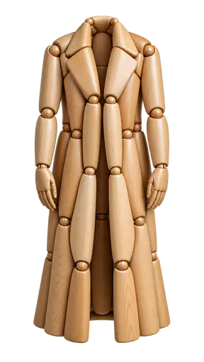 Coat of arms: sculptural studio image of a full-length overcoat built entirely from smooth articulated wooden mannequin arms, rounded upper arms forming the shoulders and overlapping forearms falling into long panels, small mannequin hands at the cuffs, floating isolated on a transparent background.
