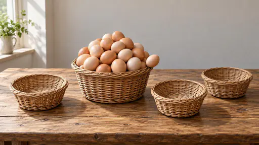 All your eggs in one basket: a wide eye-level conceptual still-life photograph on a wooden kitchen table, where one round wicker basket overflows with all the pale eggs and a single egg balances on its rim, while three smaller wicker baskets stand empty beside it under soft window light.
