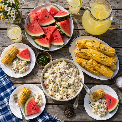 A backyard family picnic table seen from directly above holds sliced watermelon, corn on the cob, potato salad, a pitcher of lemonade and mismatched spoons.