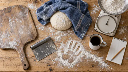 A baker workbench seen from directly above is dusted with flour and holds a scraper, a wooden peel, a dented scale, a ball of dough under a towel and a chipped mug.