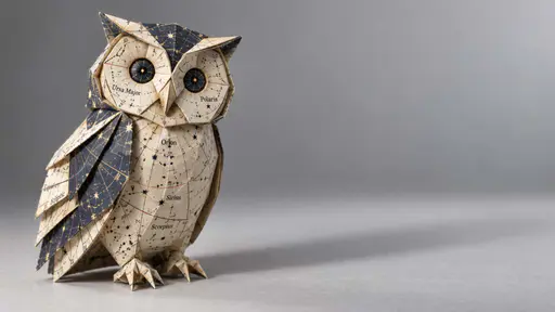 Photograph of an owl sculpture folded from old star charts with navy map eyes, standing on a grey backdrop with a long soft shadow.