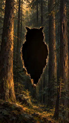 A painted forest of tall pine trunks in deep green, umber and gold has a large owl shaped slit parted through the canvas showing deep dark depth behind with tiny scraps of painted bark below.