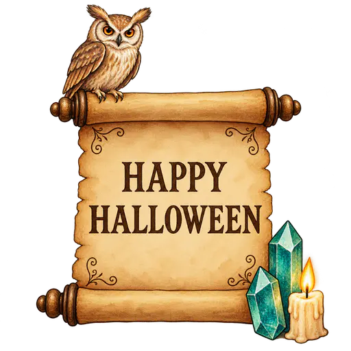 A brown owl perched on the upper left roller of an unrolled parchment scroll reading HAPPY HALLOWEEN, with two teal crystals and a small candle beneath, isolated on transparency.