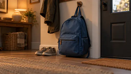 In warm evening lamp light a small blue school backpack stands closed and upright by a front door with its straps over a hook and a pair of shoes beside it, packed and waiting the night before, with a coat on a peg.