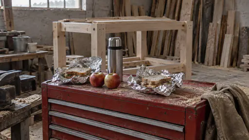 Two packed lunches in plain foil, a flask and two apples sit open on a red steel tool chest in a half-fitted workshop with an unassembled workbench frame and timber behind in dusty light from a high window.
