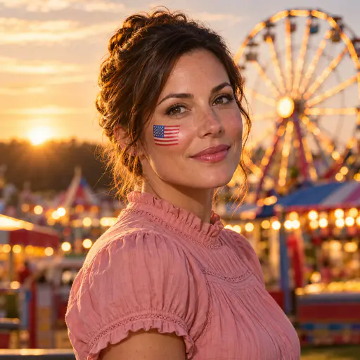 A woman in her thirties in a high neck short sleeved blouse with a small painted flag on her cheekbone smiles at a county fair with a blurred glowing Ferris wheel at golden hour.