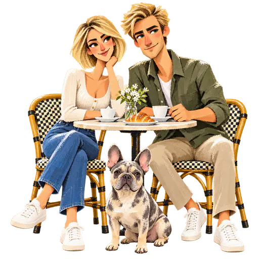 Brush-textured cartoon cutout of a blonde woman, olive-shirted man and mottled bulldog at a cafe table.