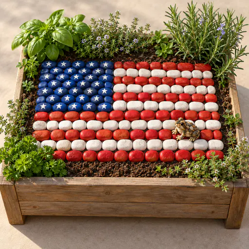 Garden bed of painted rocks forming a flag with red stripes and blue canton stones. Thirteen stripes and a neat canton come handmade.