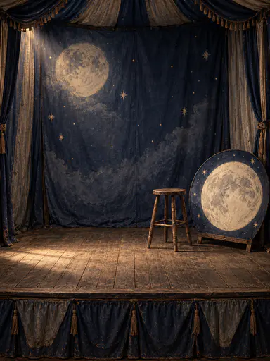 Vintage halloween photo backdrop of an empty carnival fortune-teller booth stage: a round hand-painted moon prop leans beside a simple wooden stool, plain indigo cloth panels hung behind, soft even moonlight across visible worn stage planks with the center of the frame left open for a portrait subject.
