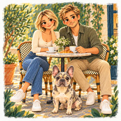 A grainy painted cafe vignette shows a smiling couple at a flower-topped table and a spotted French bulldog, surrounded by leafy plants and a rough white border.