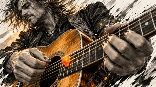 Adult hands with flag striped fingernails moving over guitar strings under stage light. Tiny stripes and starry accents stay neat up close.