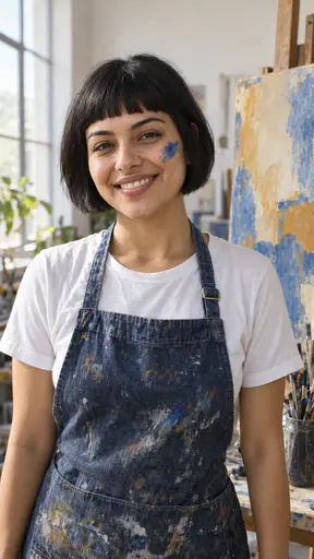 A smiling young woman with a short sharp black bob and blunt fringe, a small gold nostril stud and a streak of blue paint on her cheek, in a paint-splashed denim apron over a white t-shirt, beside a large abstract canvas in a bright art studio.