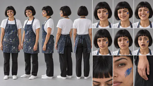 A 16:9 studio character sheet of a young painter with a short black bob in a paint-splashed denim apron over a white t-shirt, black trousers and white sneakers, shown in five full-body views, six expressions and three close details.